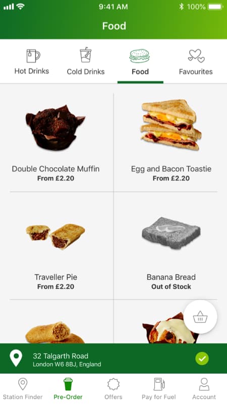 BPme food menu with category navigation, product prices, an out-of-stock brownie, and the selected site below