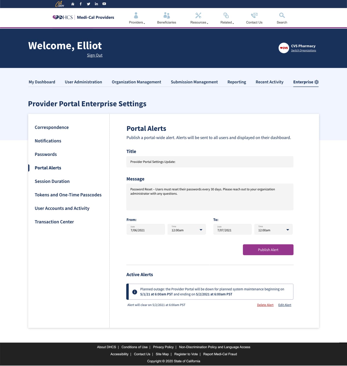 Portal Alerts editor containing a settings-update title, password-reset message, start and end date and time fields, and Publish Alert button