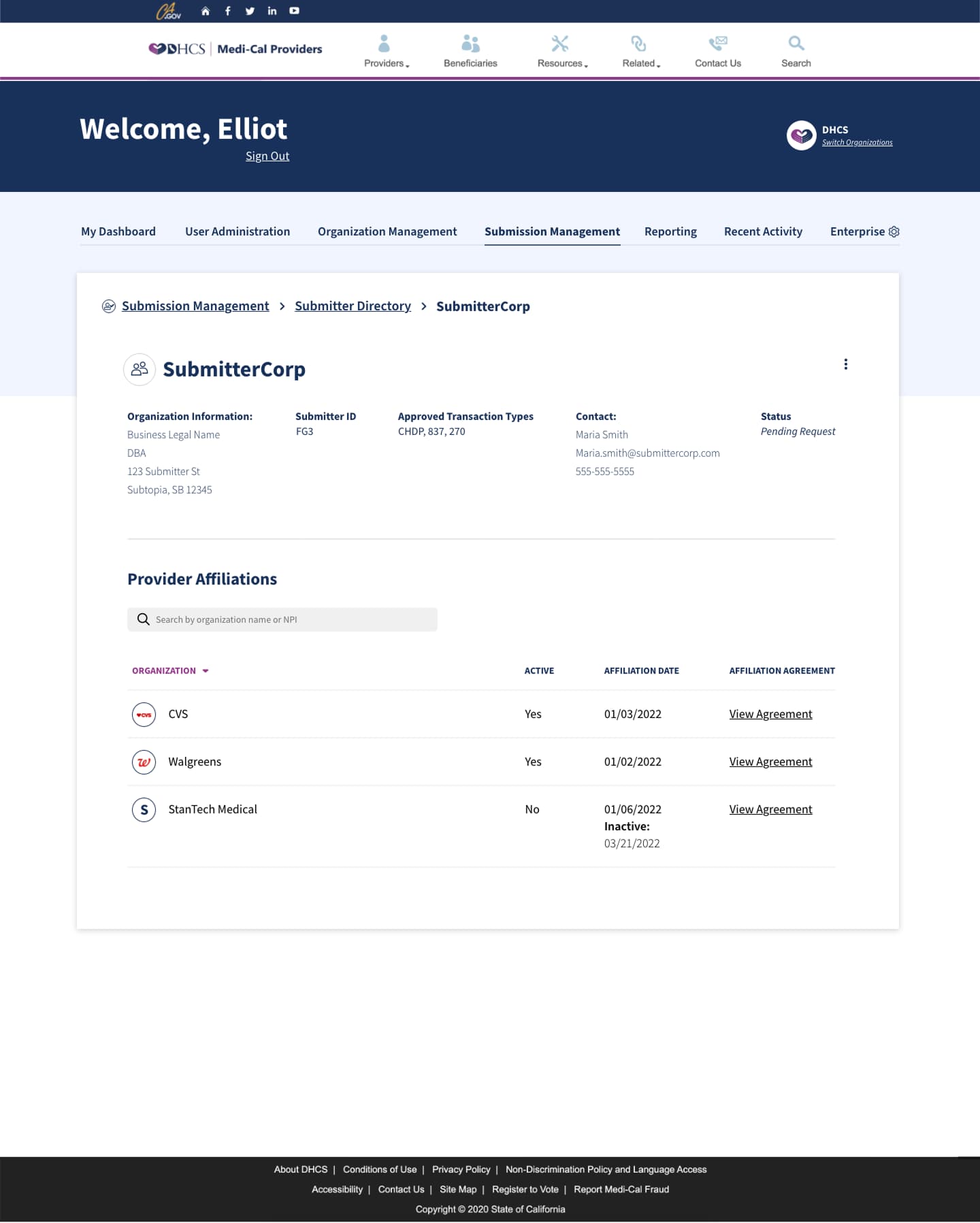 SubmitterCorp admin record with approved transaction types and a provider affiliations table showing active and inactive relationships, dates, and View Agreement links
