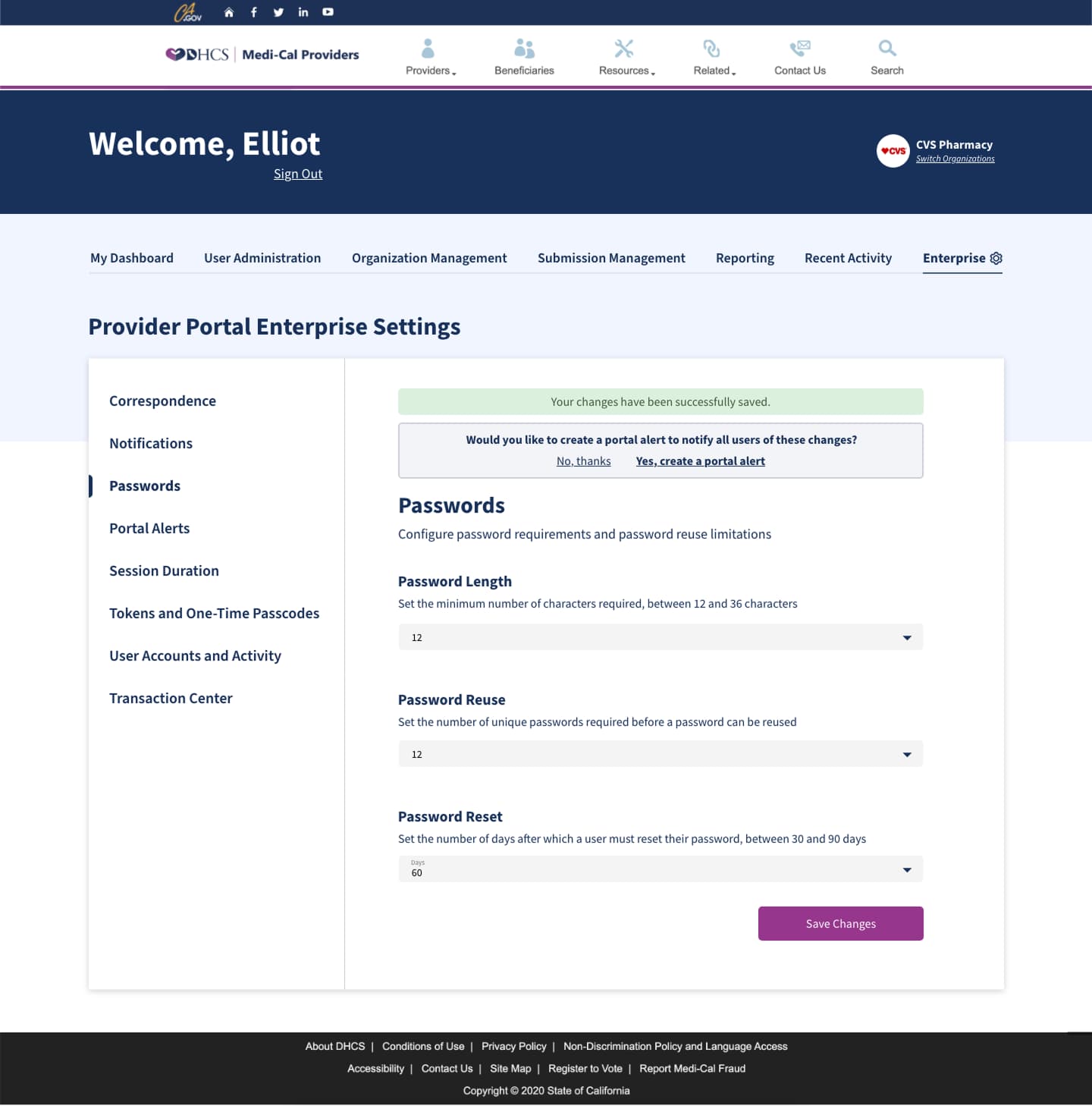 Provider Portal Enterprise Settings password page with a successful-save message and an offer to create a portal alert to notify users