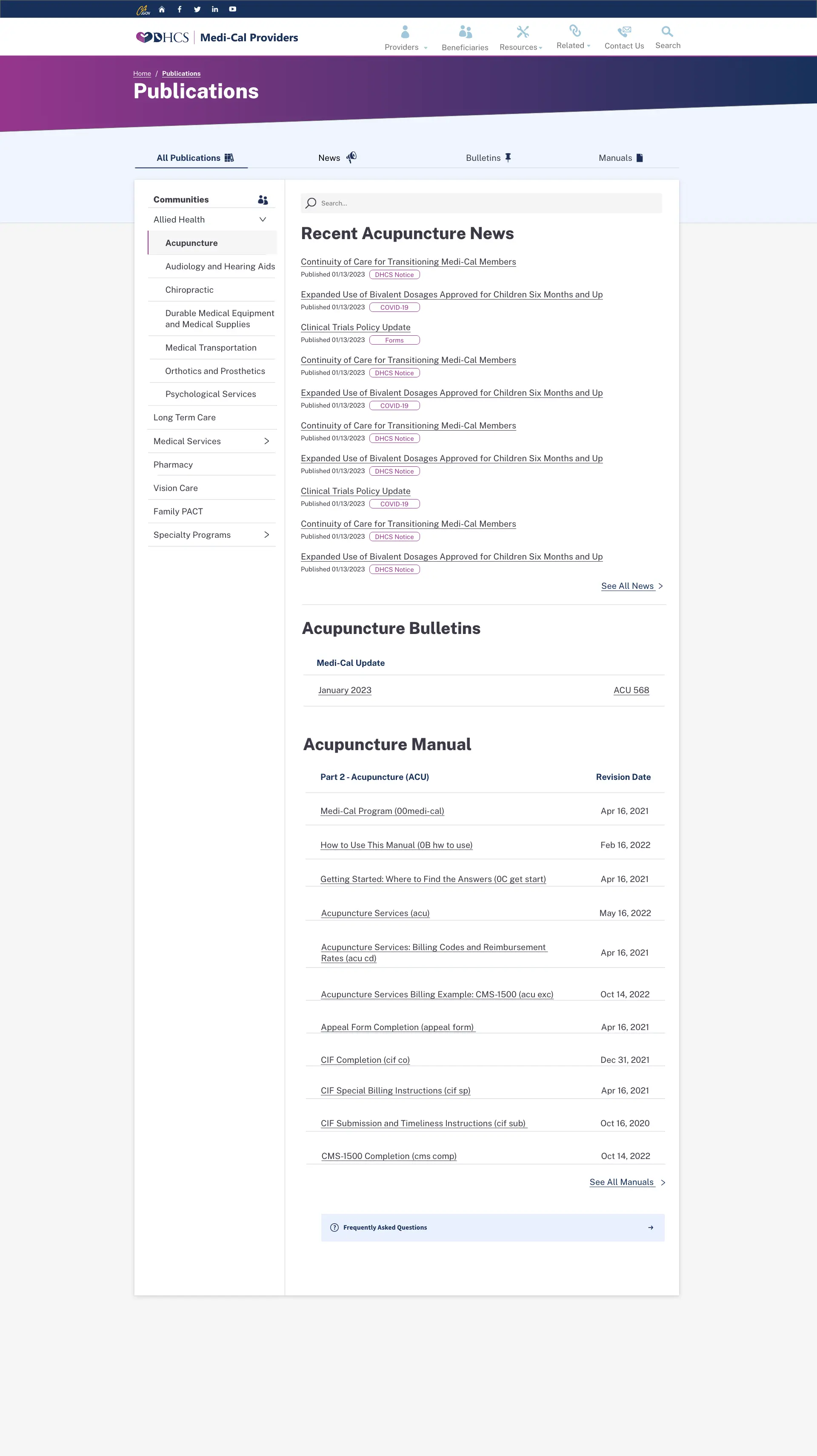 Medi-Cal Providers publications overview with community navigation, search, news, bulletins, and manuals