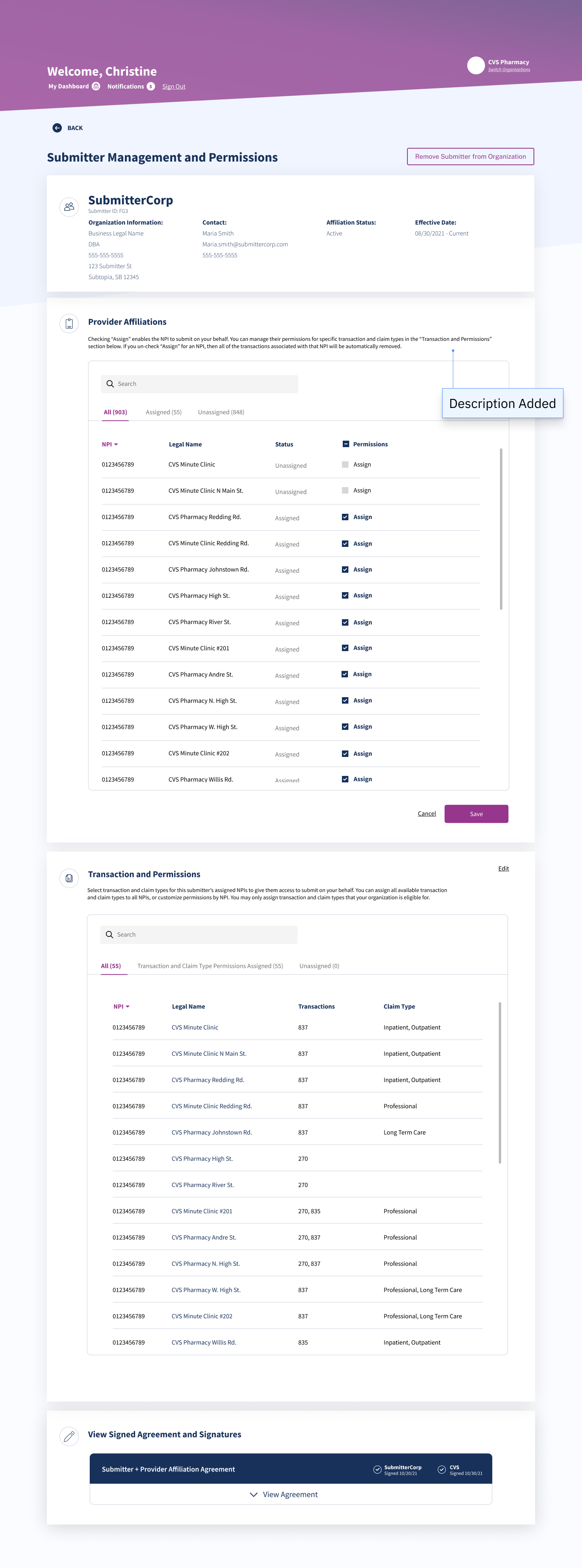 Provider Affiliations assignment controls with an added explanation that unassigning an NPI removes its transactions, a Description Added annotation, and assigned and unassigned rows