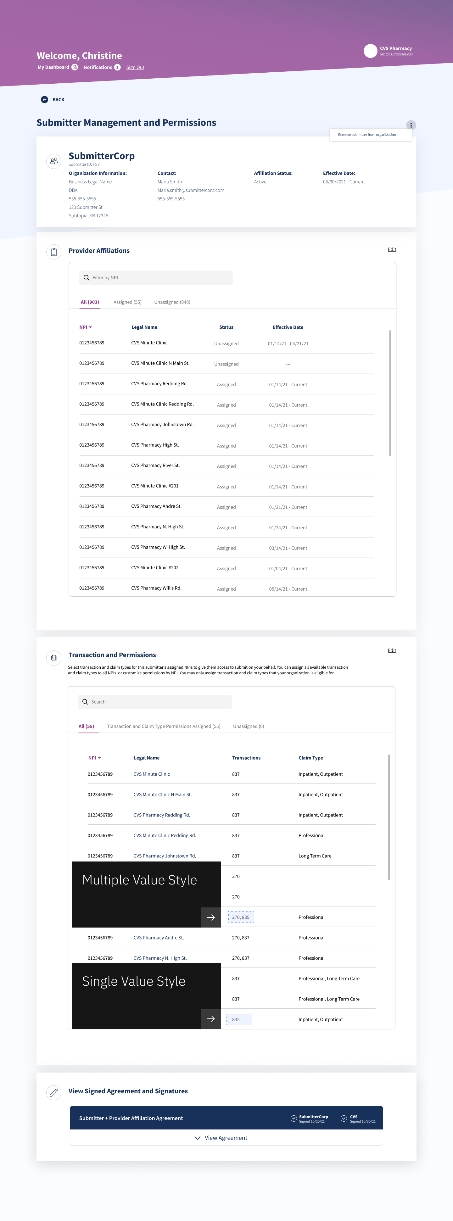 Annotated transaction table with Multiple Value Style pointing to 270 and 835 in one cell and Single Value Style pointing to 835