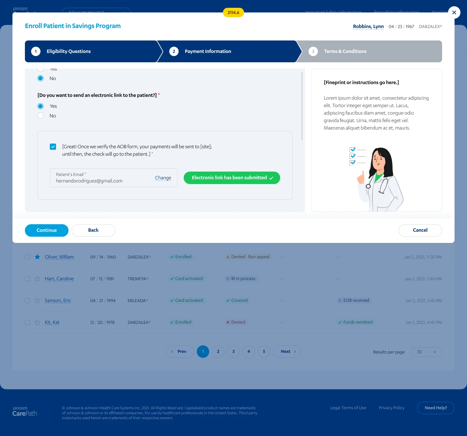 Electronic-link submission state explaining that payments continue to the patient until authorization is verified
