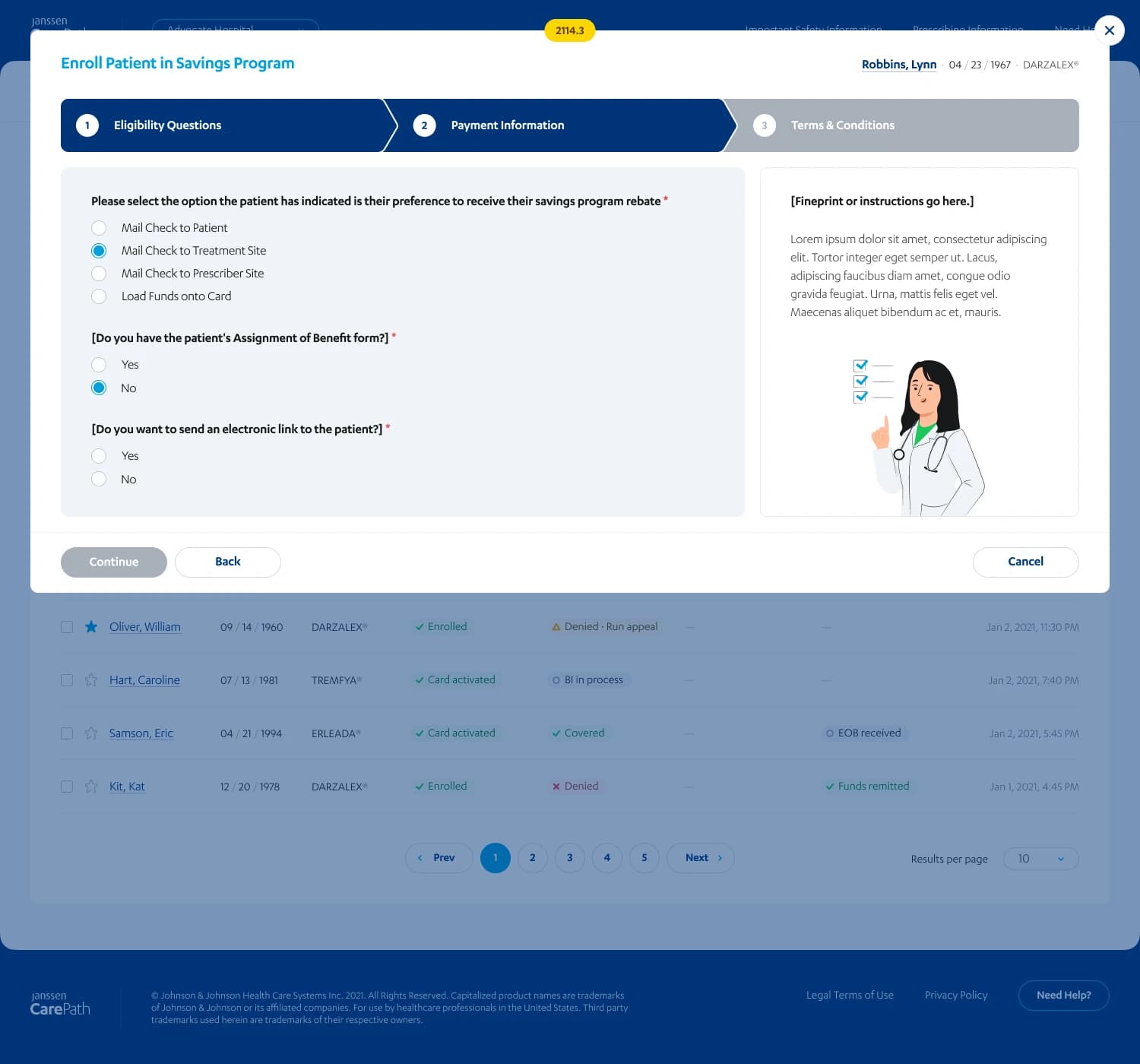 Payment-information design with treatment-site payment selected, missing assignment of benefits and an electronic-link question