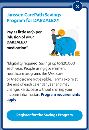 Mobile DARZALEX savings dialog with an illustration beside the introductory text, program terms below, a close control, and a Register for the Savings Program button