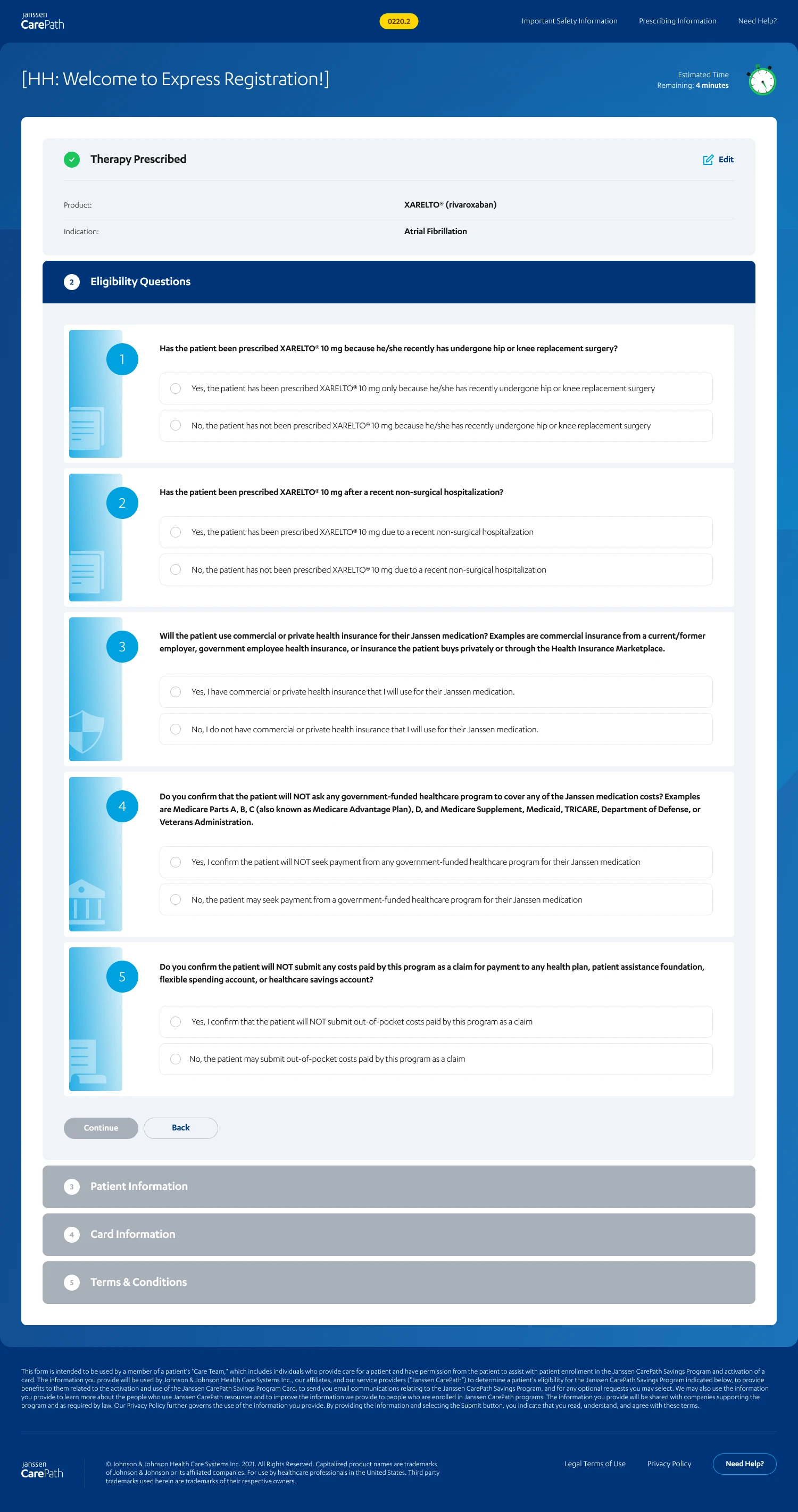 Express enrollment with editable completed therapy, active eligibility questions and upcoming sections