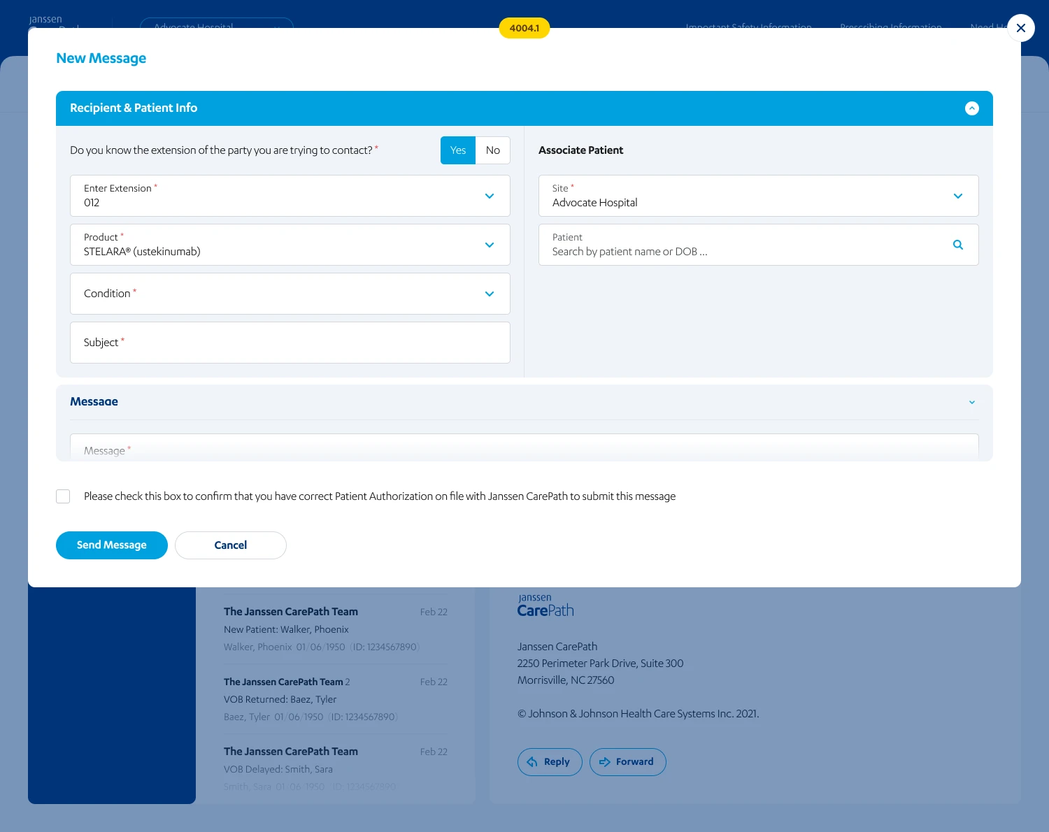 New Message design with Yes selected and an extension field beside optional patient association