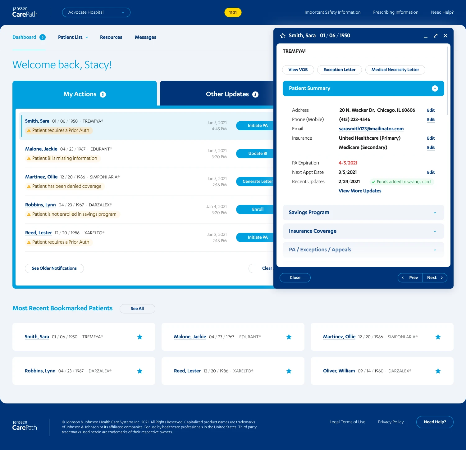 Patient details open beside the dashboard with the source row highlighted and expandable program sections
