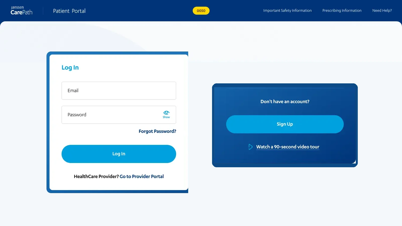 Janssen CarePath Patient Portal login with email and password fields beside sign-up and video-tour options