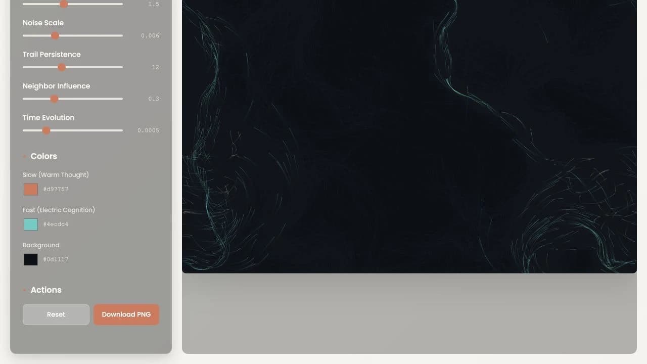 Color controls, Reset, and Download PNG beside a flowing particle canvas