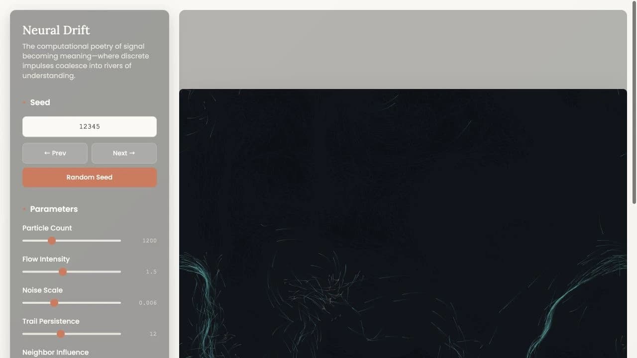Neural Drift seed and particle controls beside a dark canvas of flowing teal trails