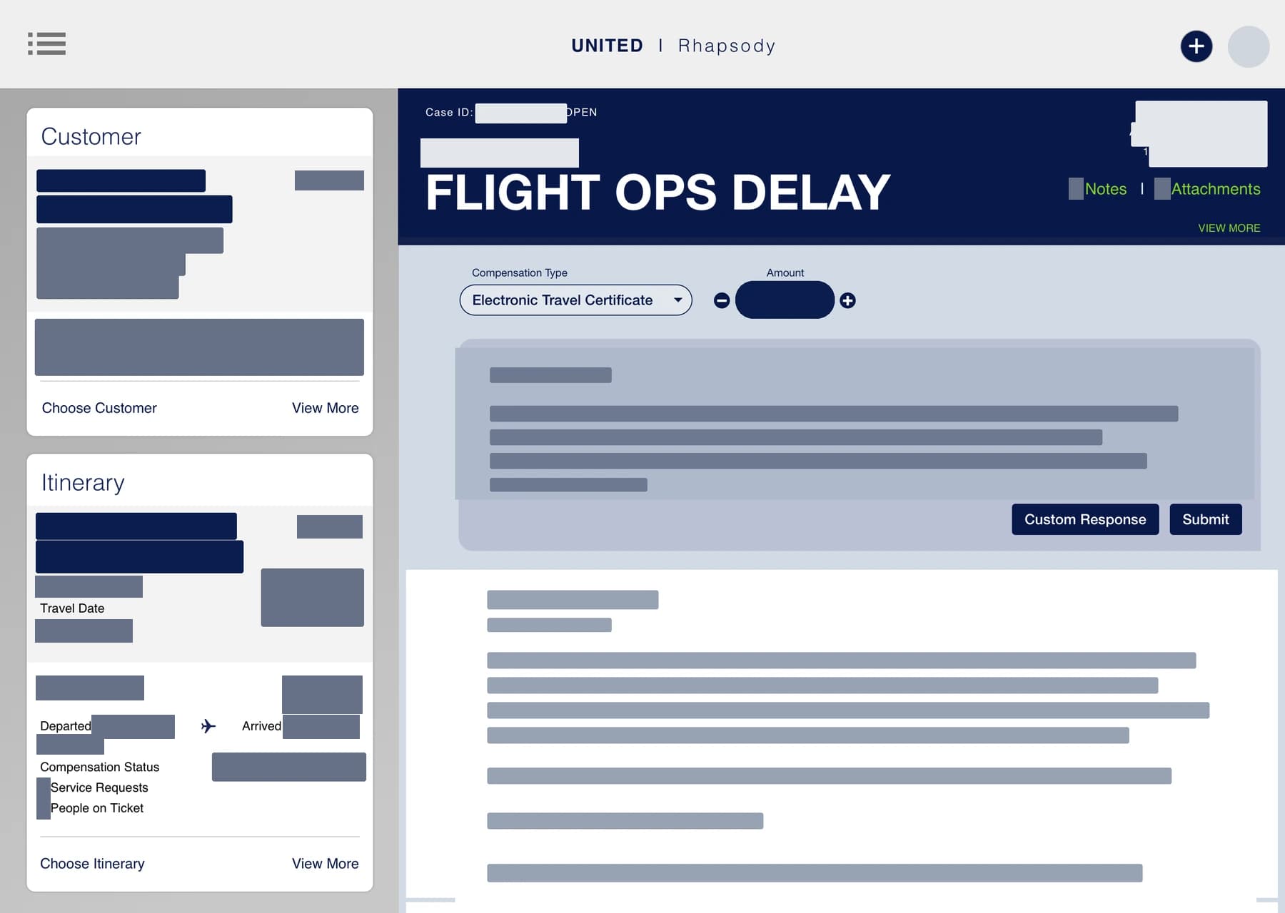 United customer care dashboard with persistent customer and itinerary panels beside complaint work