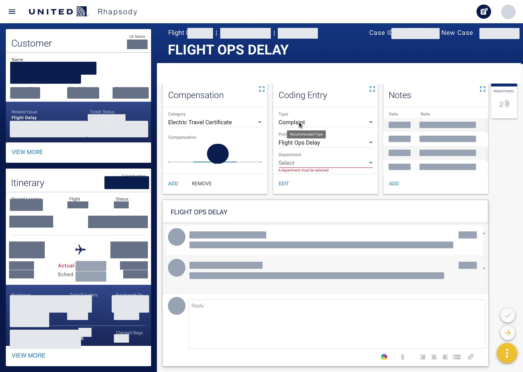 United customer care dashboard with persistent customer and itinerary panels beside complaint work