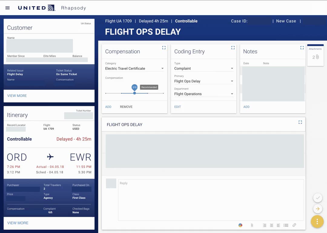 Customer and itinerary cards remain beside expandable compensation, coding, and notes panels, with private values masked